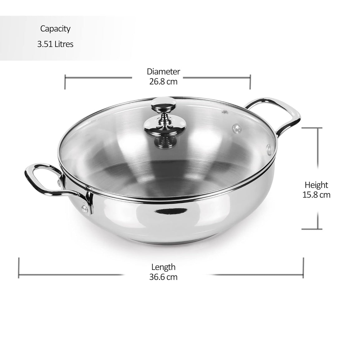 Stainless Steel Sandwich Bottom Kadhai with Glass Lid