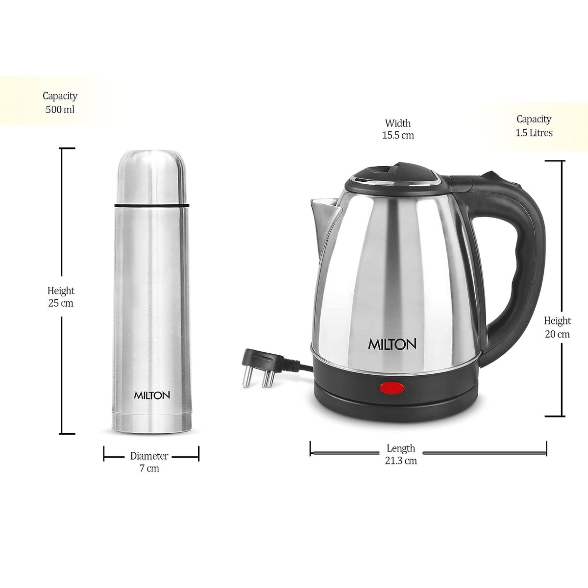 Go Electro Kettle 1.5 L + Flip Lid Bottle 500 ML Combo (Milton)