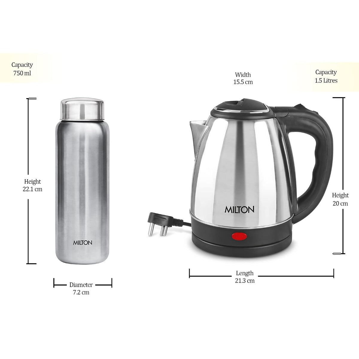 Go Electro Kettle 1.5 L + Aqua Bottle 750 ML Combo (Milton)