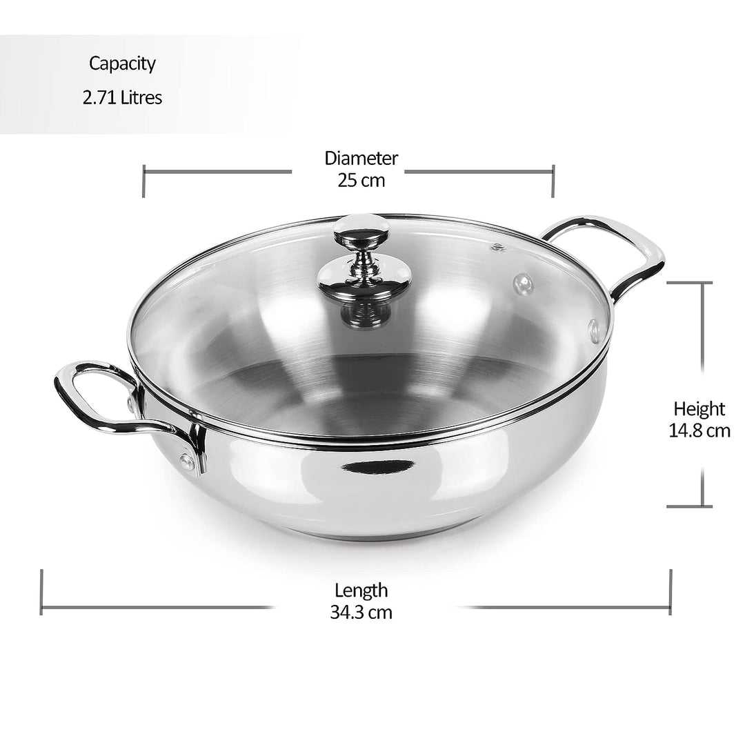 Stainless Steel Sandwich Bottom Kadhai with Glass Lid