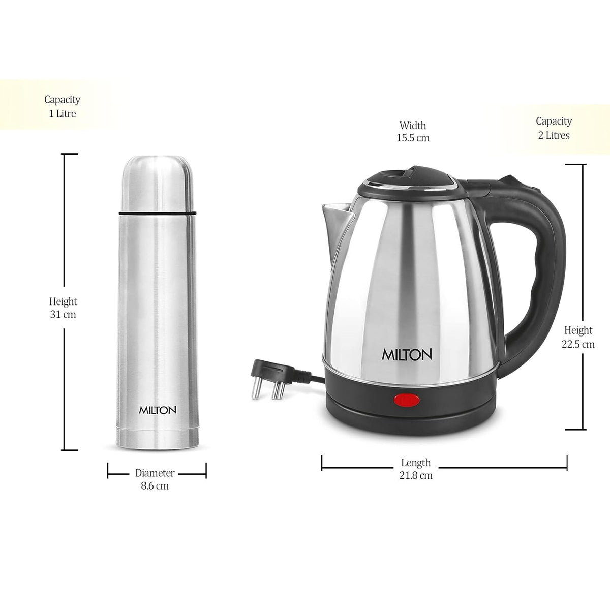 Go Electro Kettle 2 L + Flip Lid Bottle 1 L Combo (Milton)