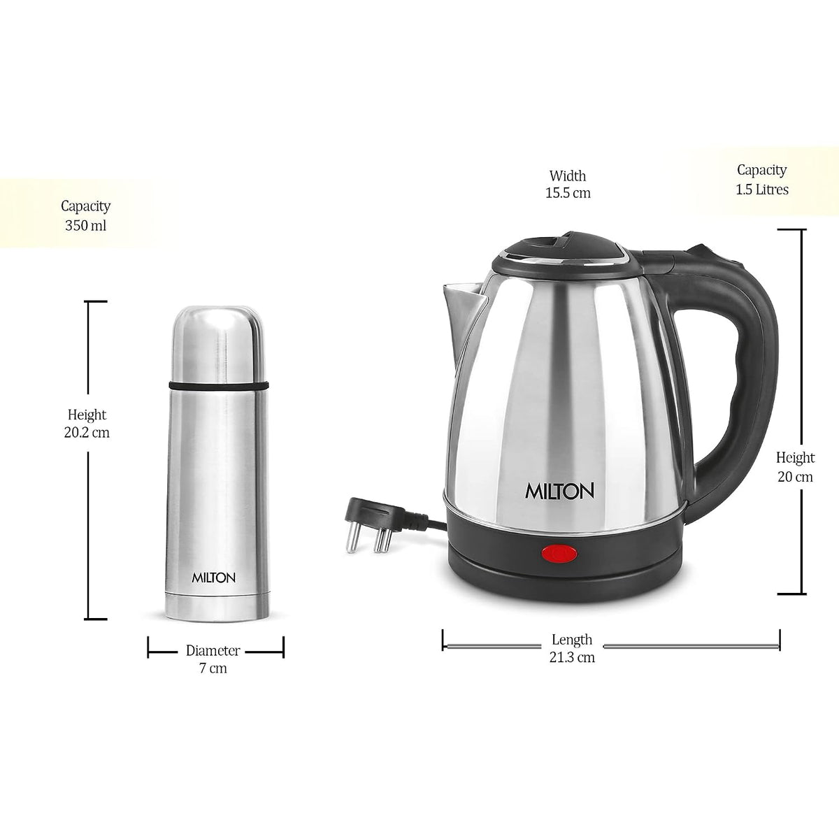 Go Electro Kettle 1.5 L + Flip Lid Bottle 350 ML Combo (Milton)