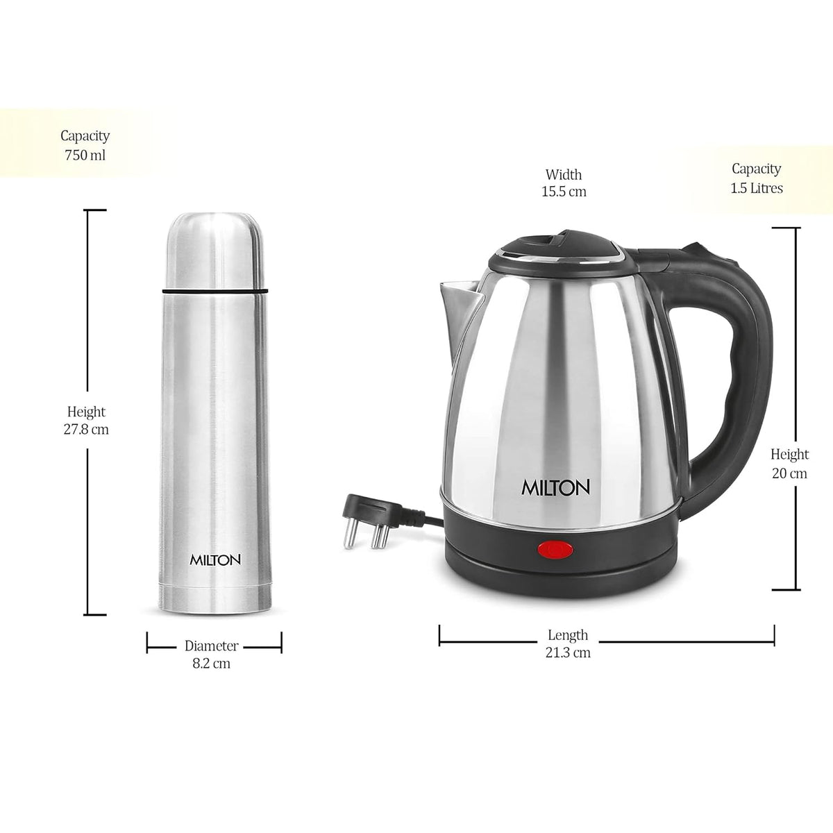Go Electro Kettle 1.5 L + Flip Lid Bottle 750 ML Combo (Milton)