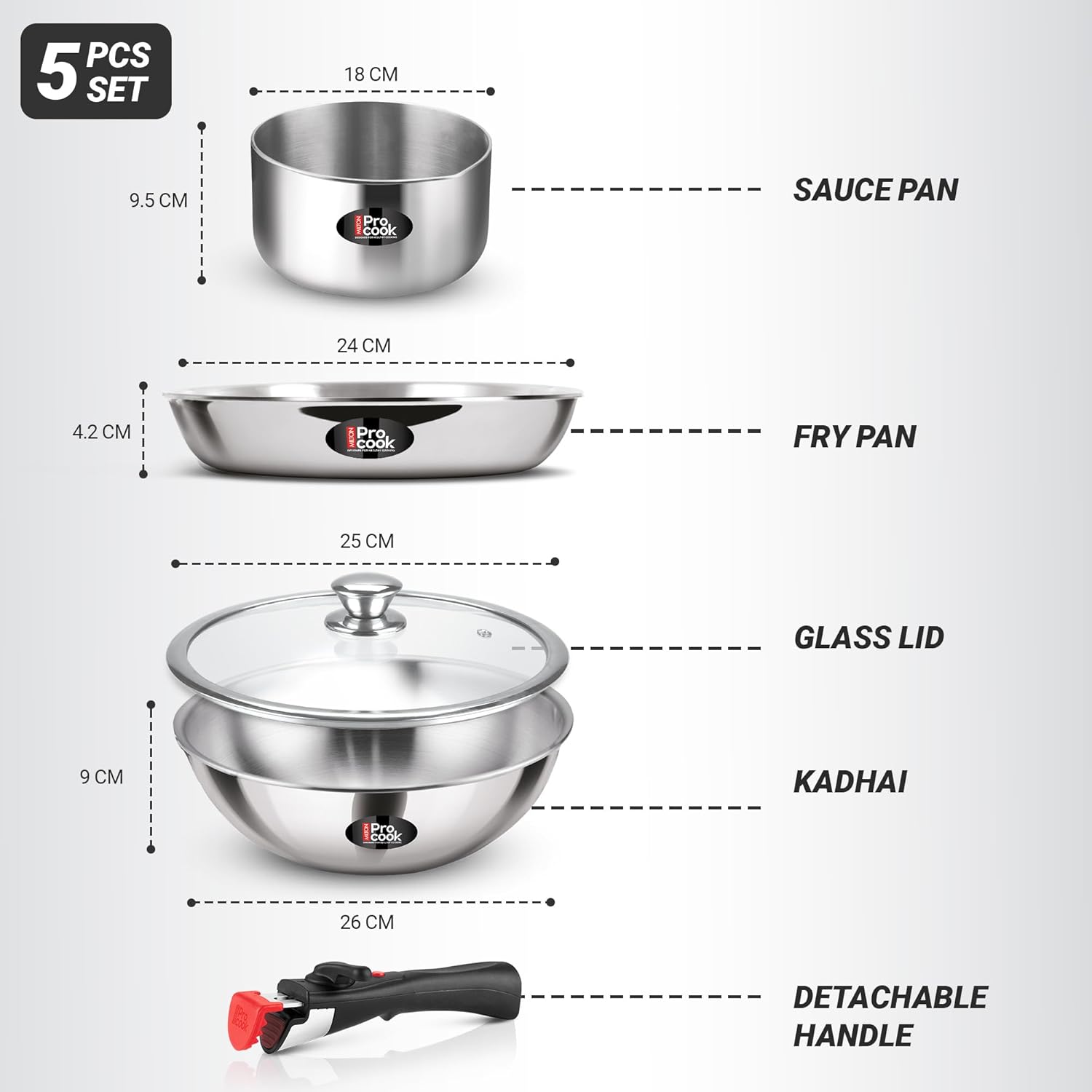 Triply Stainless Steel Cookware Set with Detachable Handle
