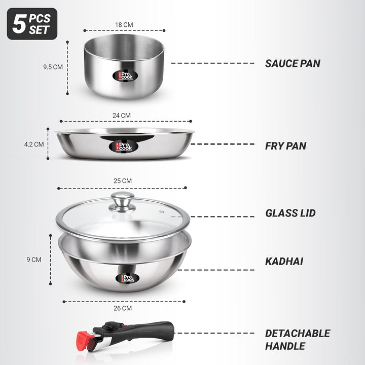 Triply Stainless Steel Cookware Set with Detachable Handle