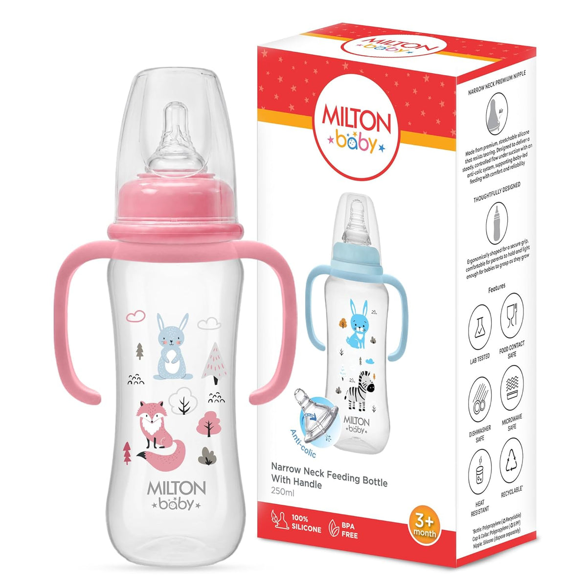 Narrow Neck Feeding Bottle with Handle for Baby (Milton) - 250 ml / Pink
