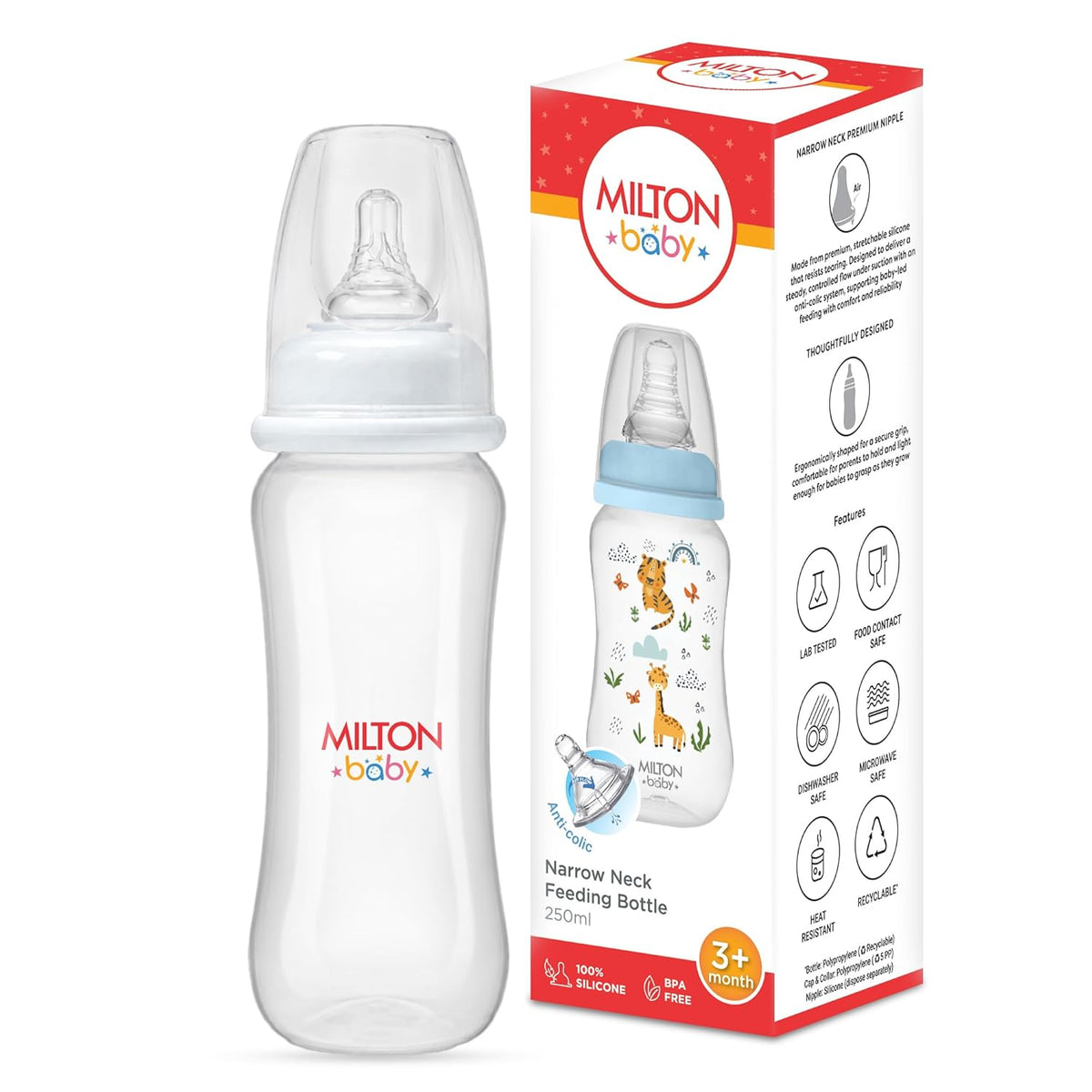 Narrow Neck Feeding Bottle for Baby - 250 ml (Milton) - 250 ml / White
