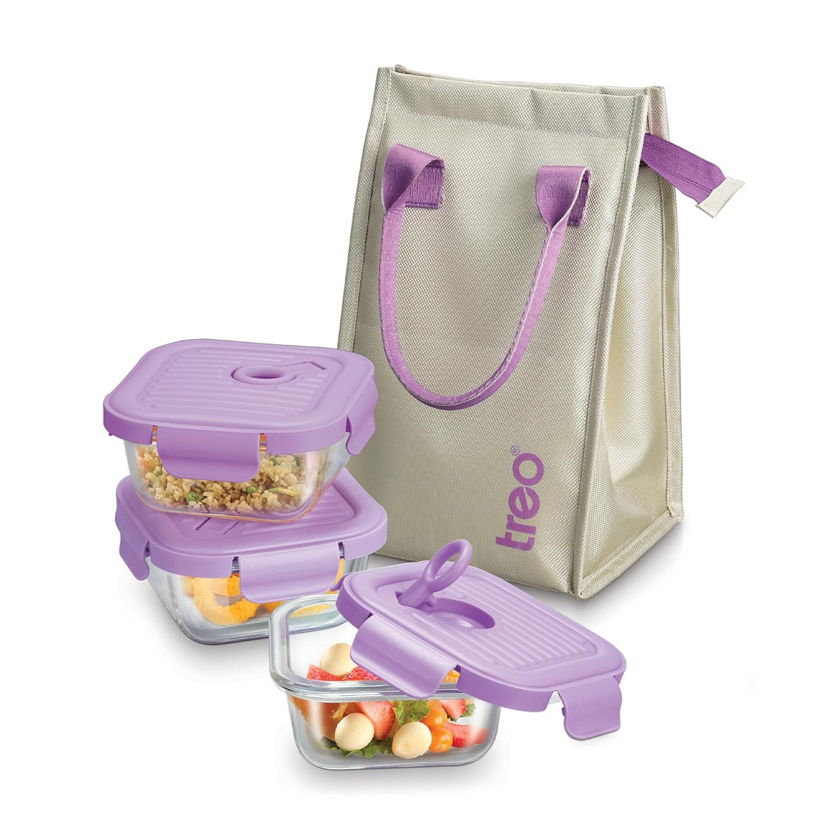 Lumino Fresh Square Tiffin -(Treo by Milton) - Purple / 3 Pc Containers - (320 ml Each)