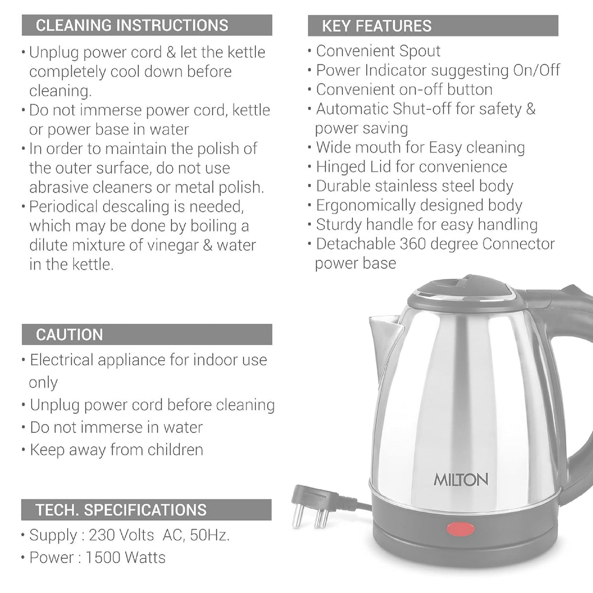 Go Electro Kettle 1.5 L + Flip Lid Bottle 750 ML Combo (Milton)