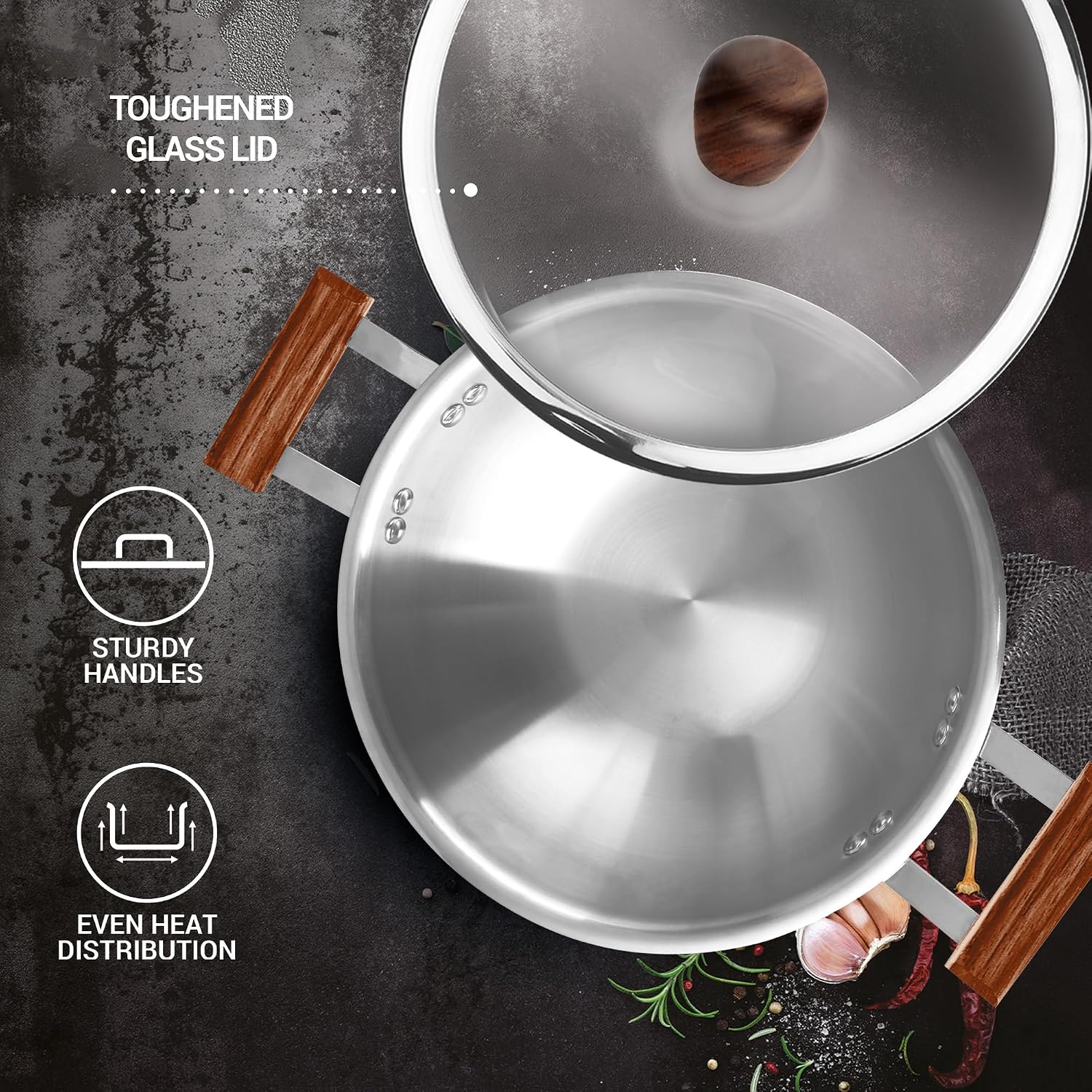 Kadhai with Glass Lid and Wooden Handle (Procook by Milton)