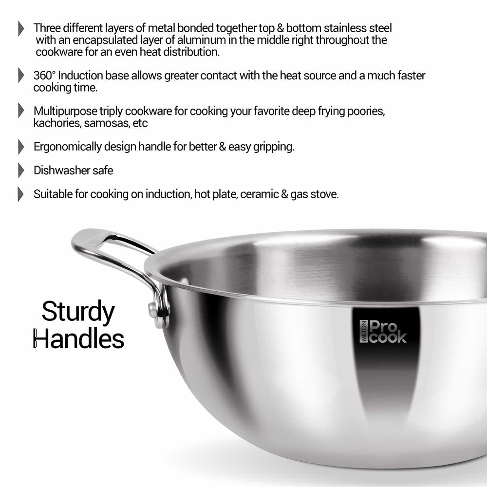 Shop Milton ProCook Deep Kadhai With Lid Ss Triply