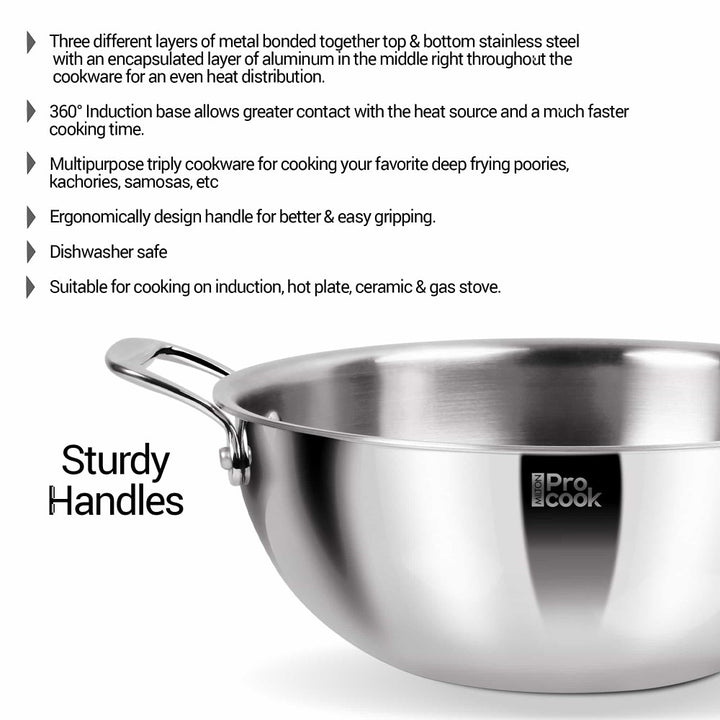 Shop Milton ProCook Deep Kadhai With Lid Ss Triply