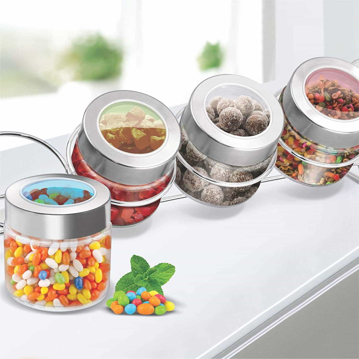 Delfy Glass Jar Set With Metal Stand
