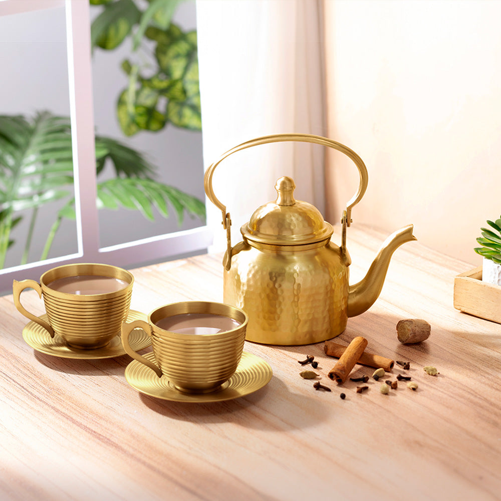 Brass Tea Kettle & Cup Saucer Set (Milton Concepts) - Set of 5 / Brass