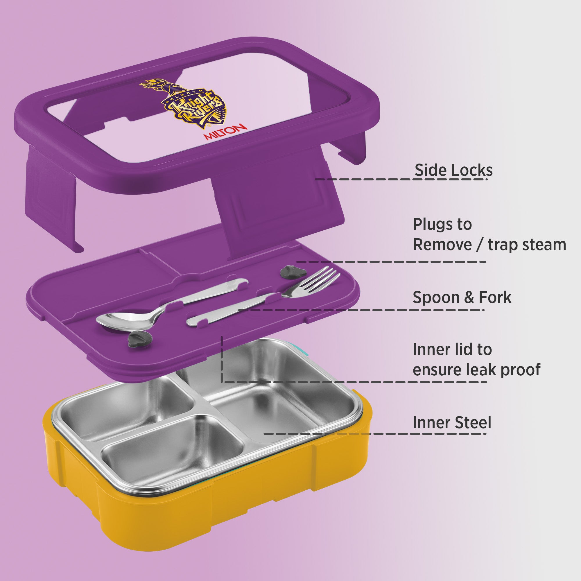 Sports Ethan 3 UV Printing Steel Thermoware Lunchbox - Kolkata Knight Riders (KKR) - Milton