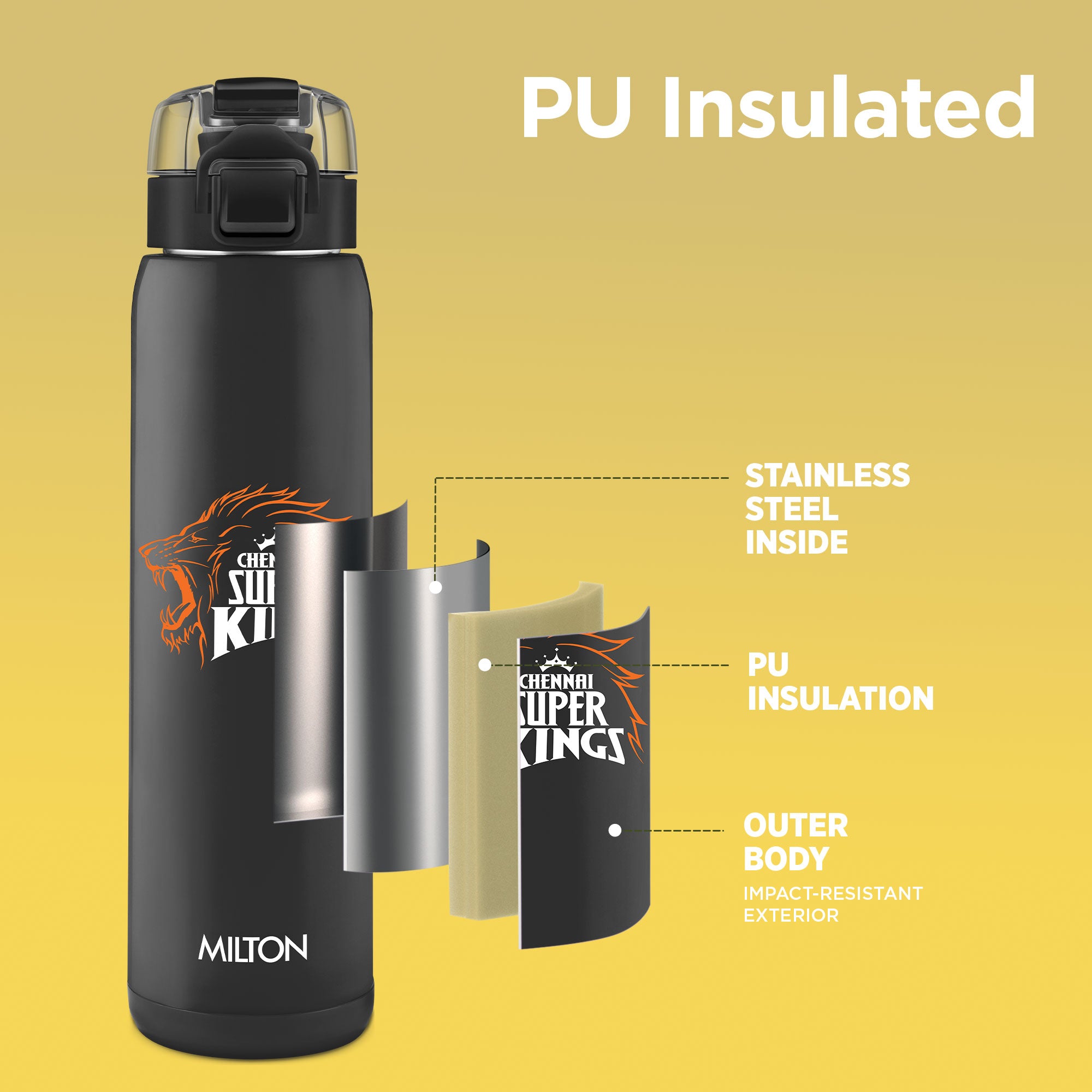 Sports Steel Edge UV Printing Thermoware Bottle With Twin Lid - Chennai Super Kings (CSK) - Milton