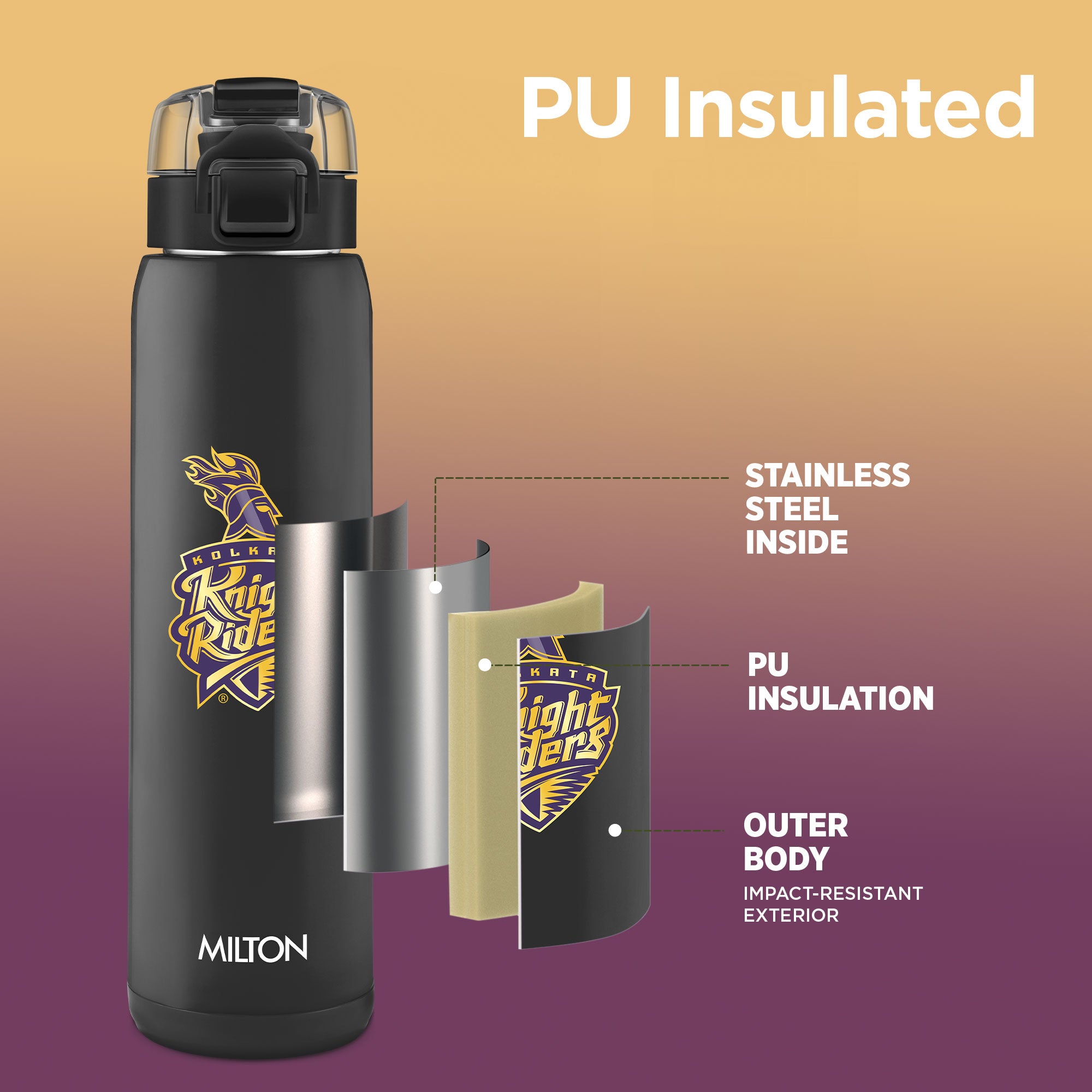 Sports Steel Edge UV Printing Thermoware Bottle With Twin Lid - Kolkata Knight Riders (KKR) - Milton
