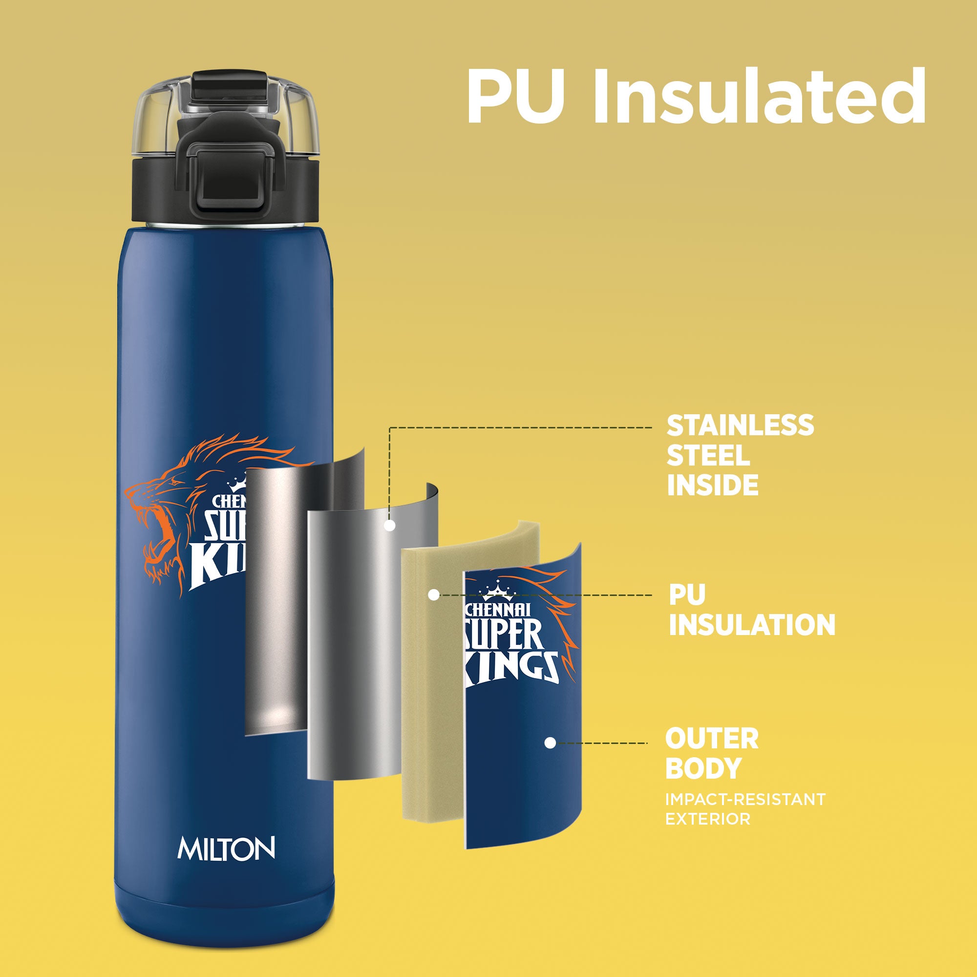 Sports Steel Edge UV Printing Thermoware Bottle With Twin Lid - Chennai Super Kings (CSK) - Milton