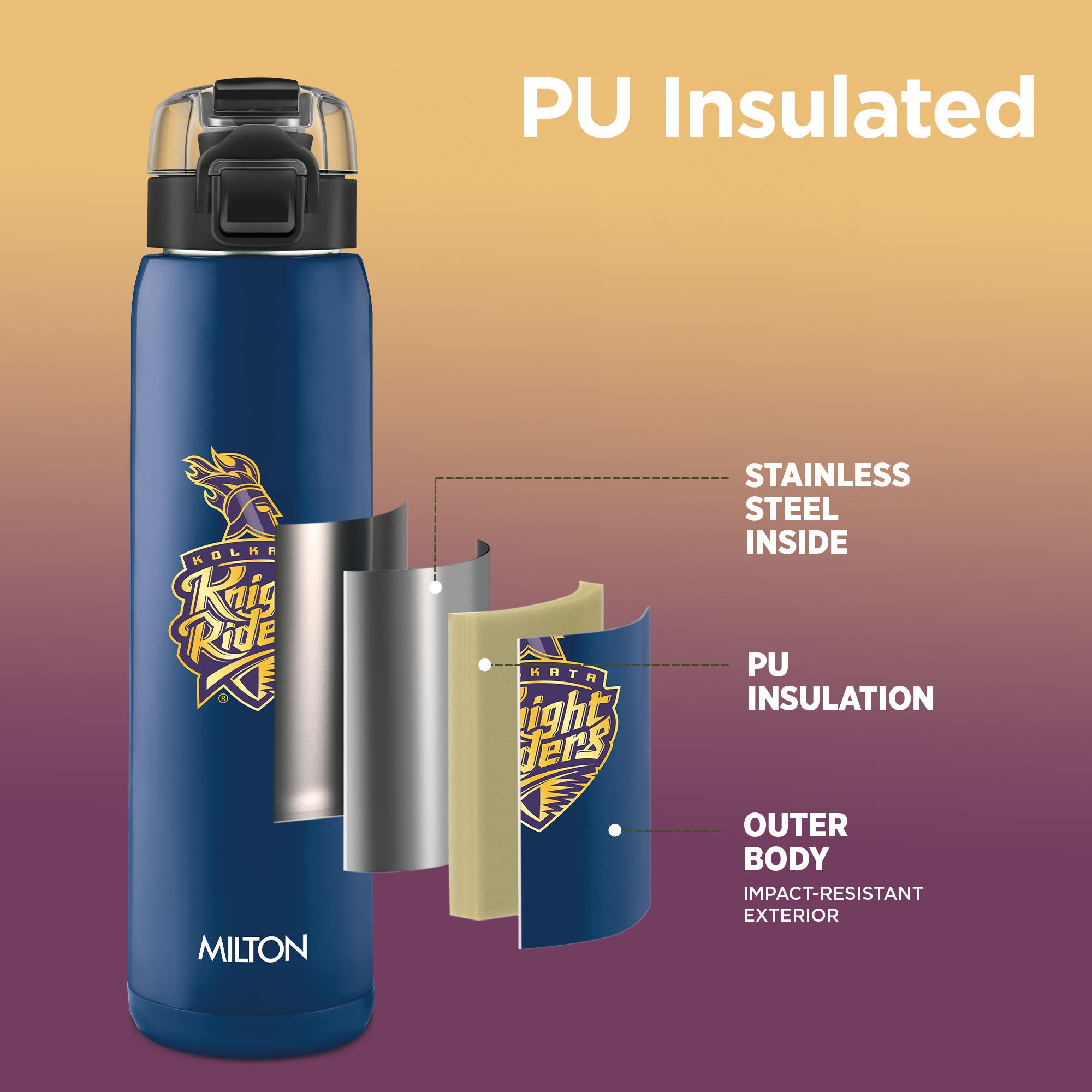 Sports Steel Edge UV Printing Thermoware Bottle With Twin Lid - Kolkata Knight Riders (KKR) - Milton