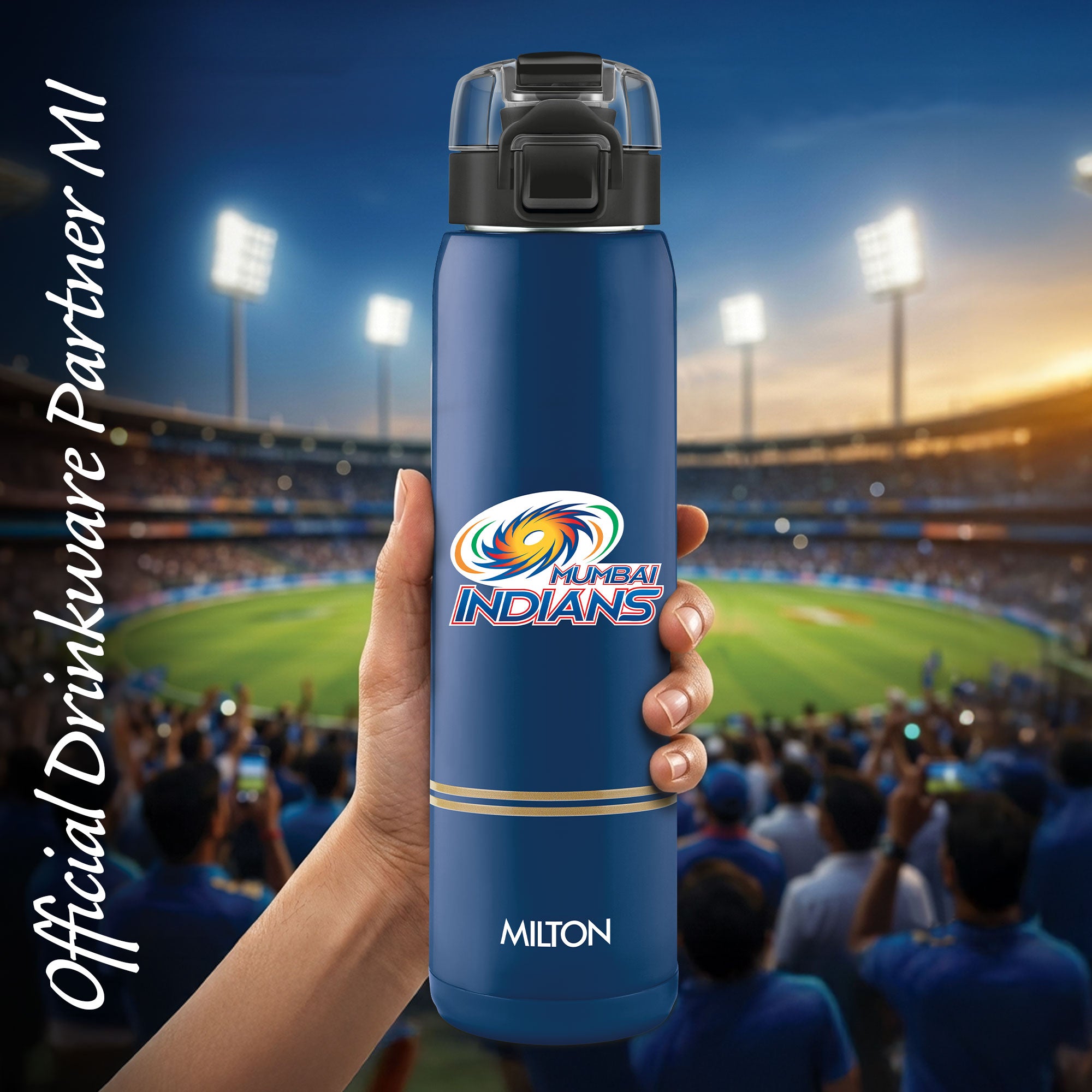 Sports Steel Edge UV Printing Thermoware Bottle With Twin Lid - Mumbai Indians (MI) - Milton
