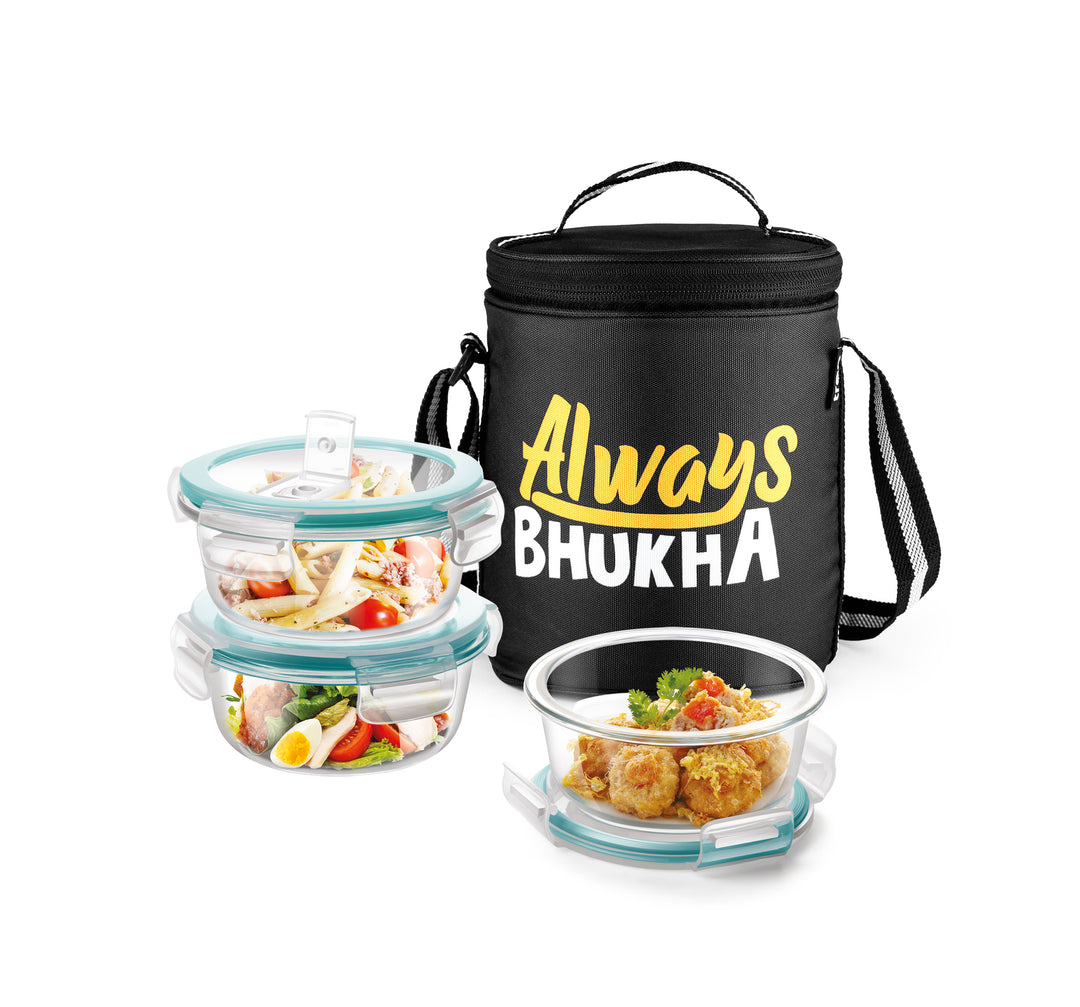 "Always Bhukha" - Glass Tiffin with Printed Jacket