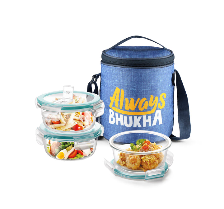"Always Bhukha" - Glass Tiffin with Printed Jacket (Milton)