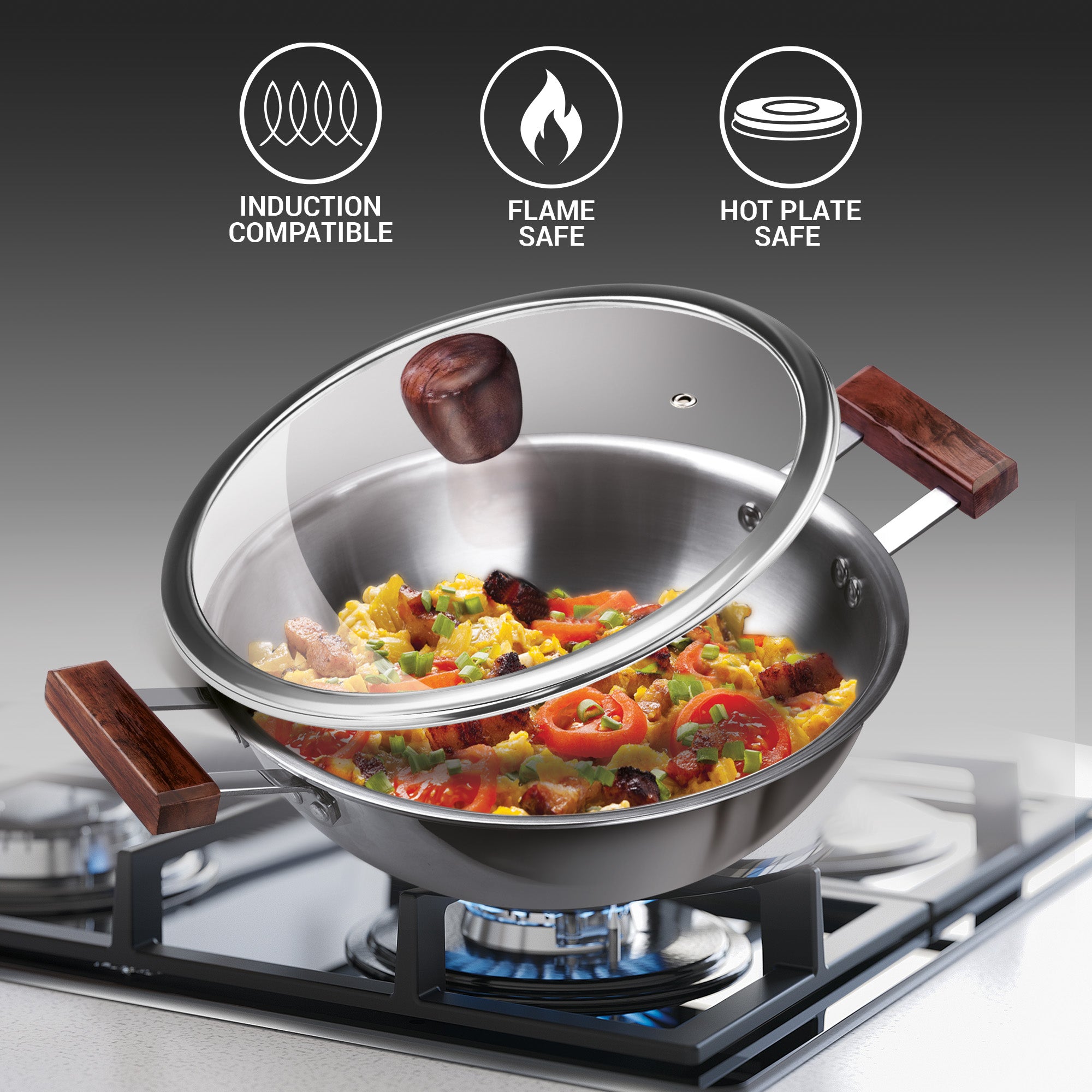Buy Triply 4Pc Set Sauce Pan, Frying Pan, Kadhai with Glass Lid