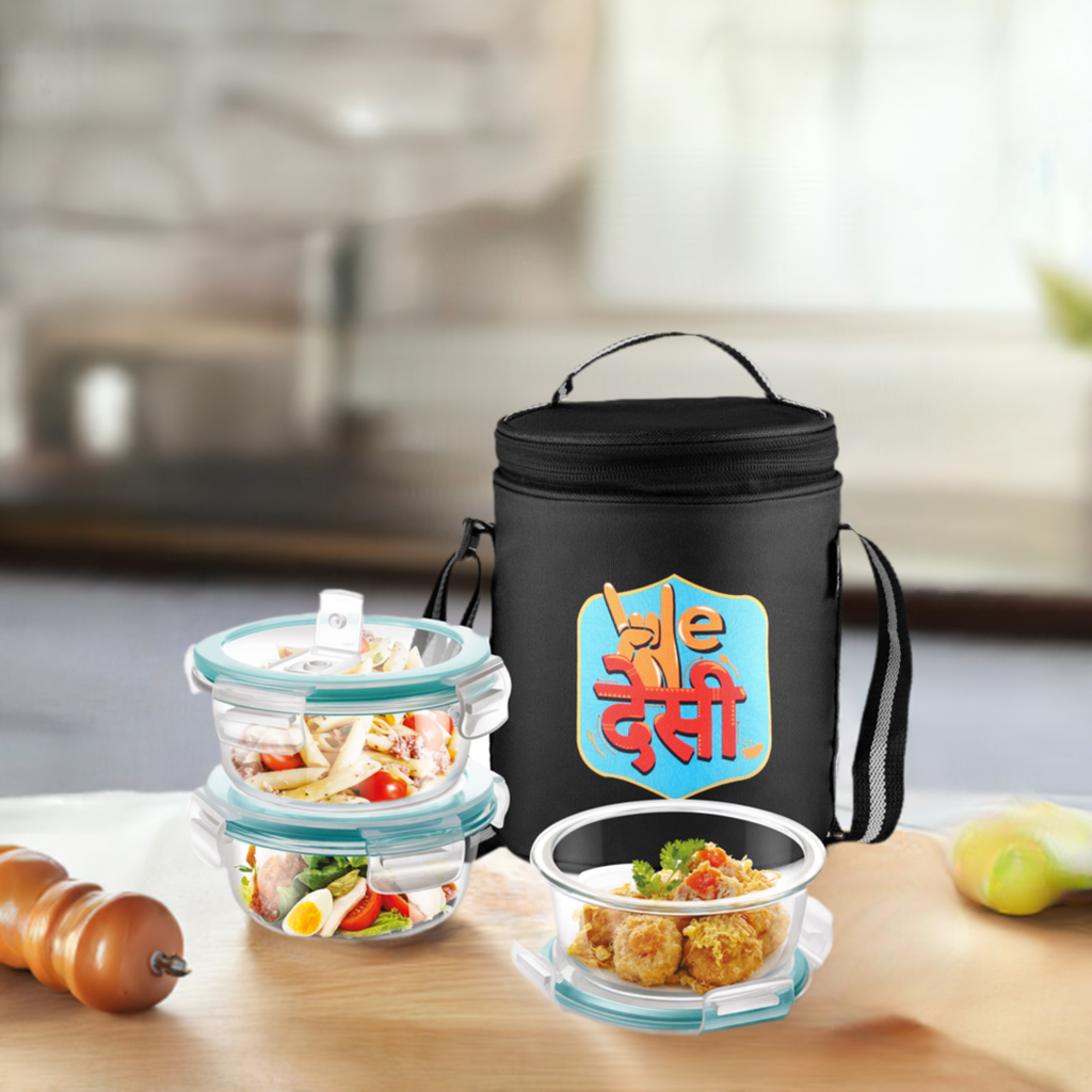 "We Desi" - Glass Tiffin with Printed Jacket
