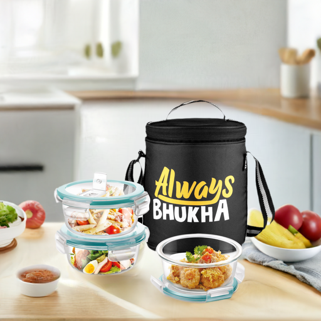 "Always Bhukha" - Glass Tiffin with Printed Jacket