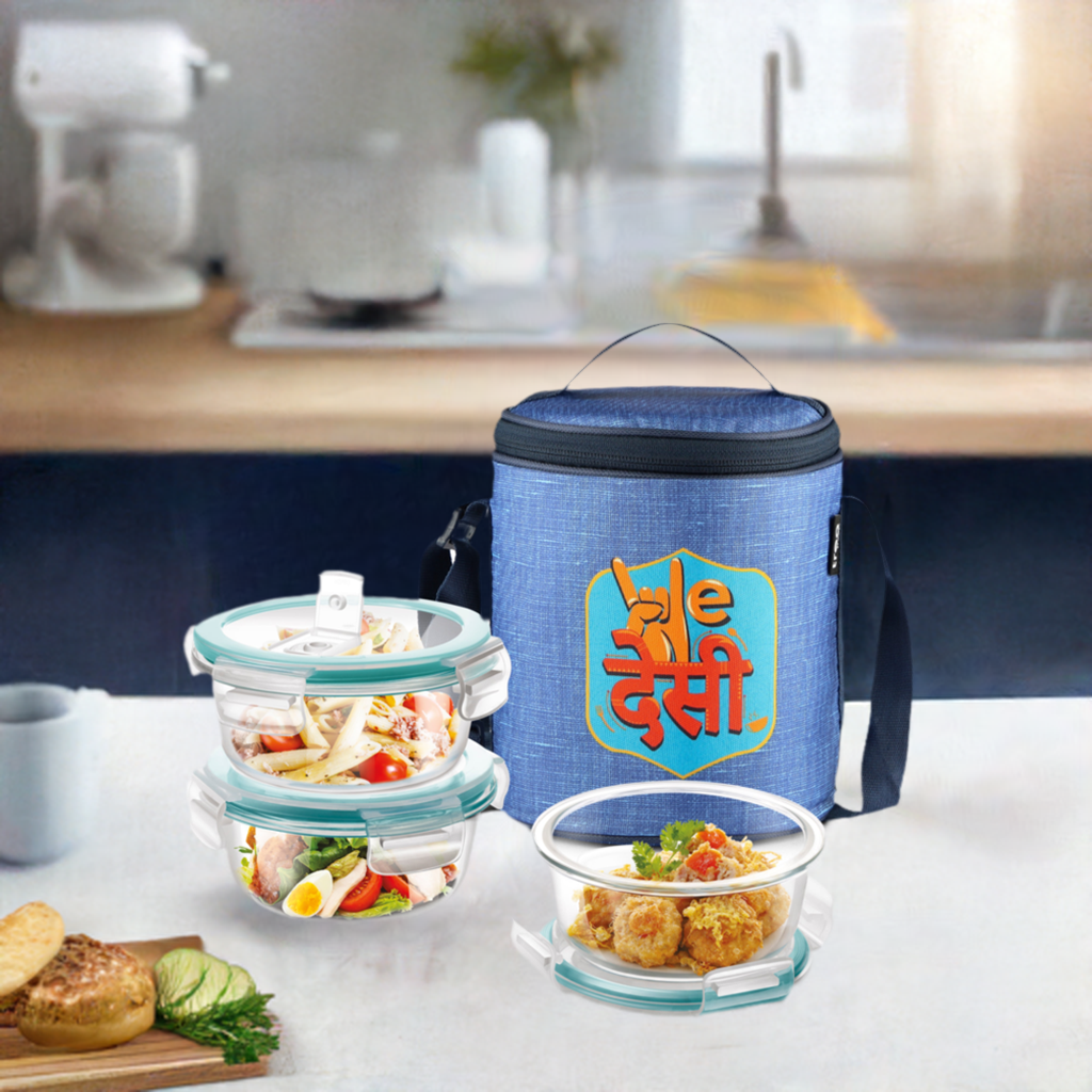 "We Desi" - Glass Lunch Box with Printed Jacket